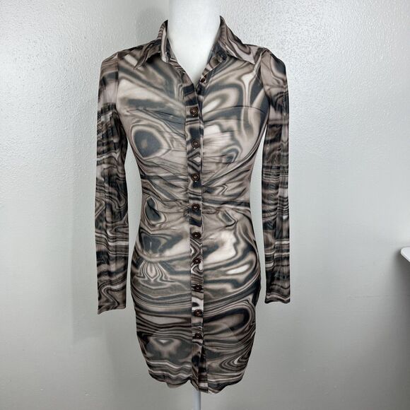 Miss Lola Dress Women Small Brown Retro Mesh Long Sleeve Button Up Casual Mini - Picture 15 of 15